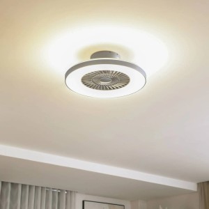 Dimmbarer LED Deckenventilator Paavo in Alu mit Lampe für Wohnzimmer.