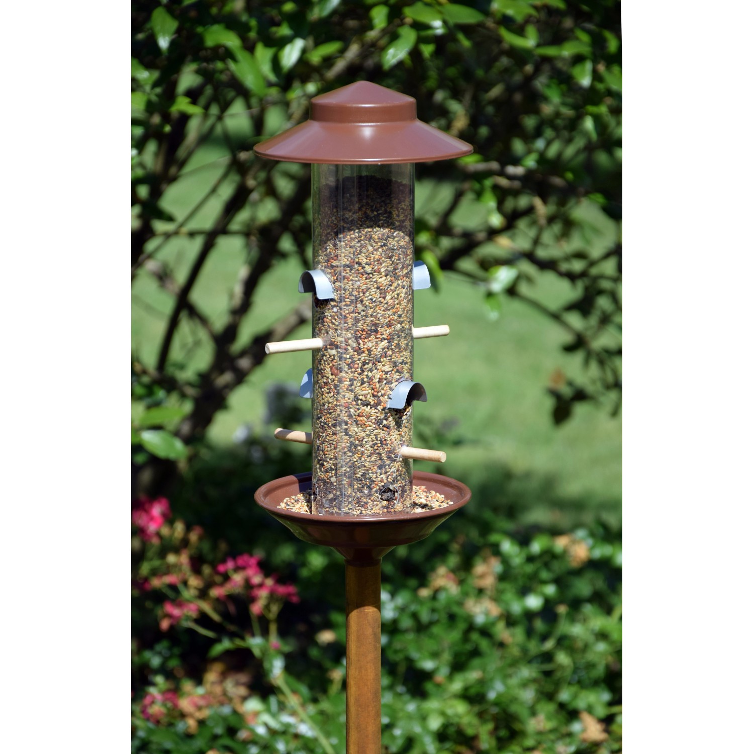 Dobar Stab-Vogelfutterspender Kupfer mit Ständer, gefüllt mit Vogelfutter.