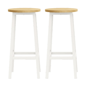 Vasagle Barhocker-Set, 2 weiße Hocker mit Holz-Sitzfläche und Fußstütze.