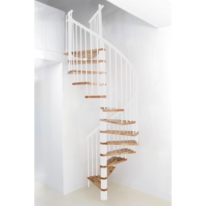 Weiße Minka Spindeltreppe Spiral Effect mit Buchenholzstufen, Durchmesser 120 cm.