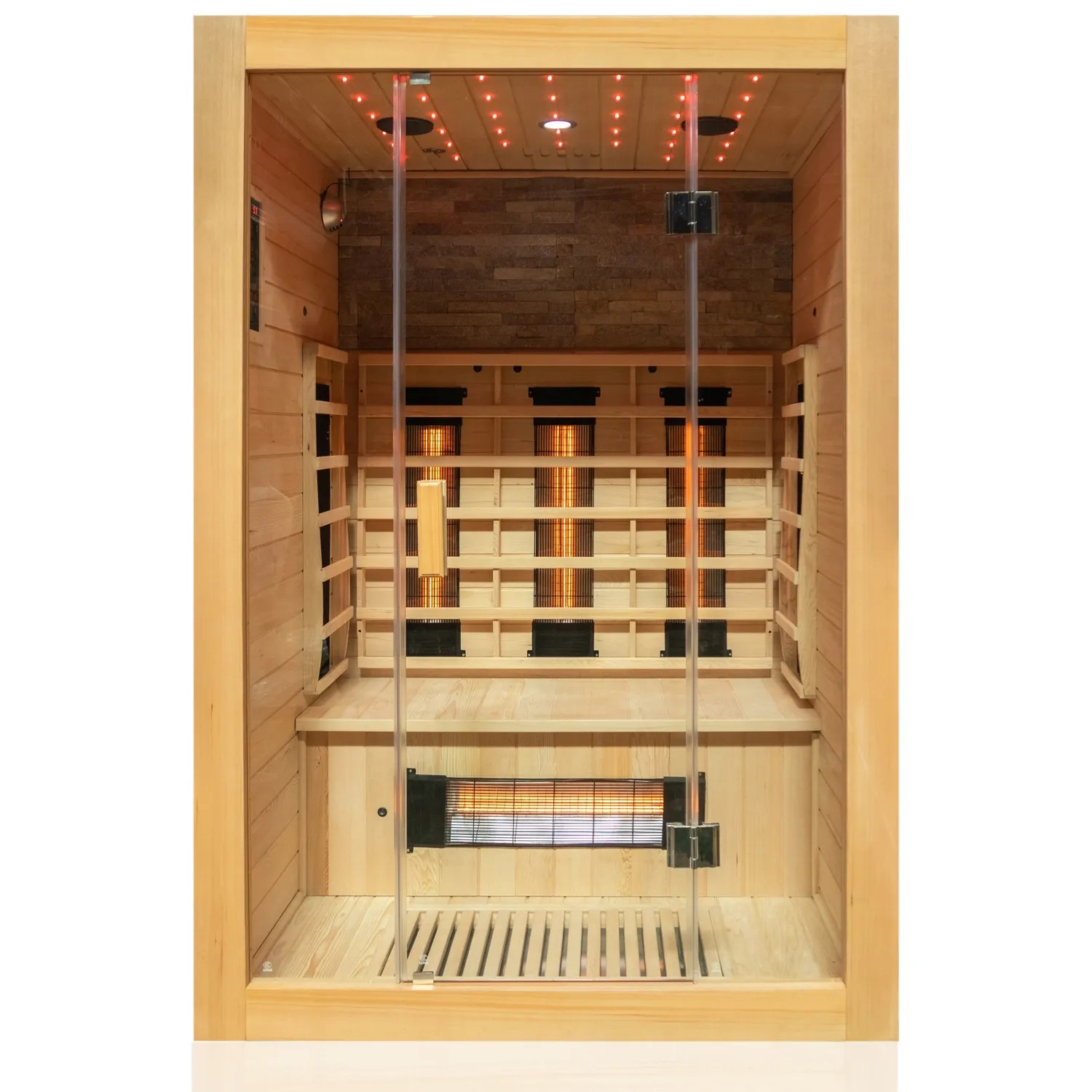 Dewello Infrarotkabine Milton für 2 Personen aus Hemlock-Holz mit Vollspektrum- und Karbonstrahler.