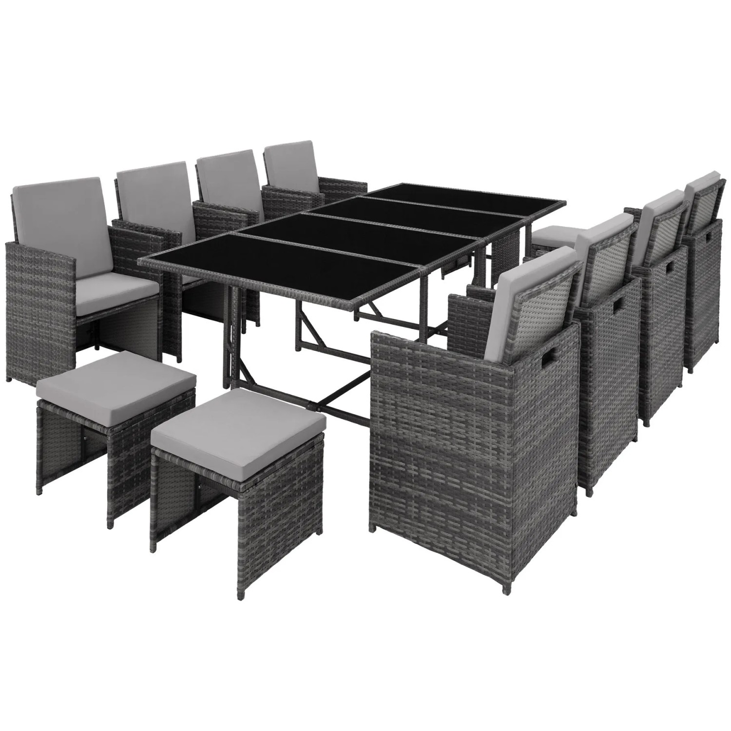 Tectake Rattan Sitzgruppe Palma Für 8 Bis 12 Personen Widerstandsfähig  53 x 53 x 87 cm Grau Hellgrau