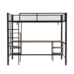 KOMHTOM Eisenbett Etagenbett 90x200Cm Mit Tisch Regal Vierstufiger Leiter Eisen+Spanplatte Schwarz+Dunkle Holzfarbe Ohne Matratze