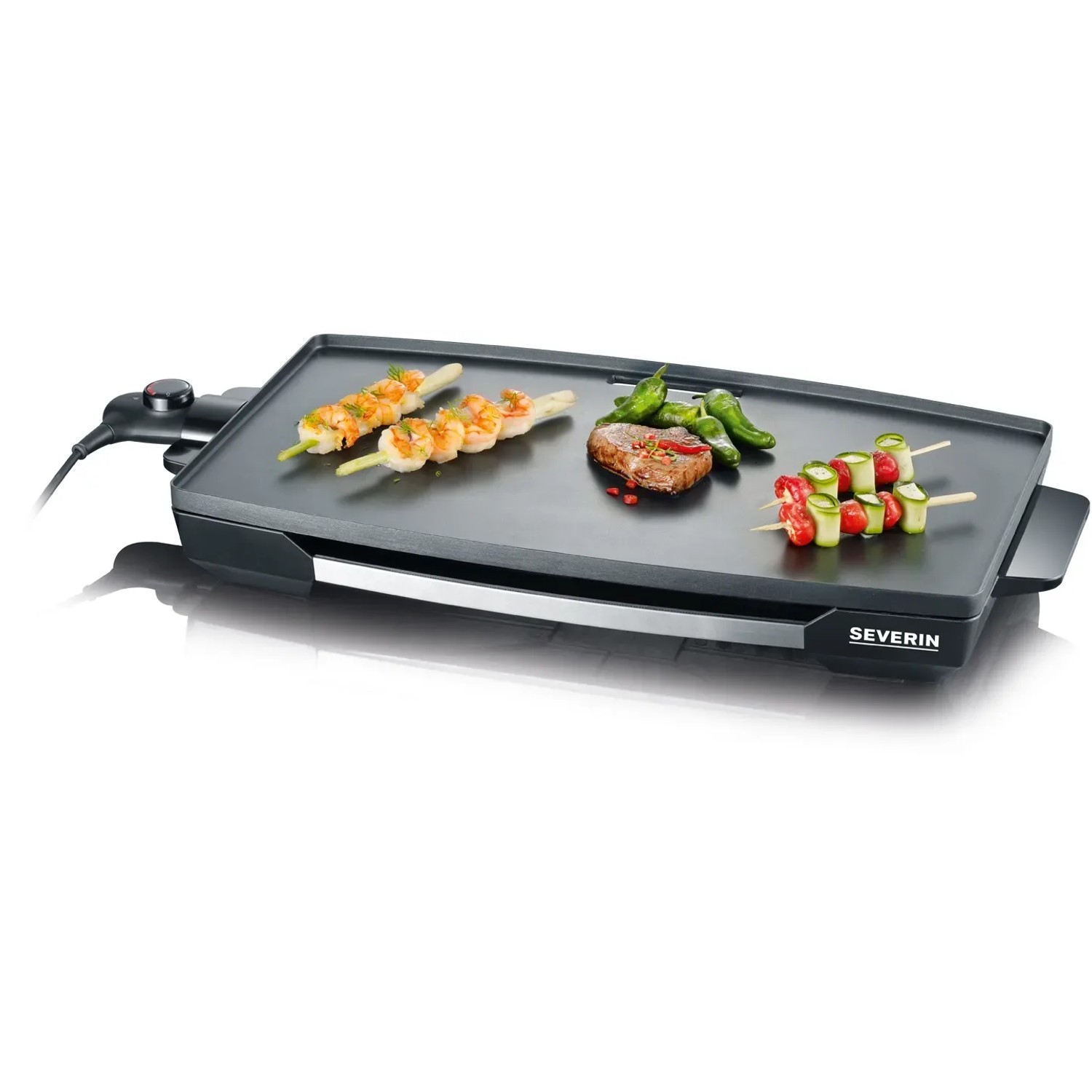 Severin Tischgrill KG 2397 mit Grillgut auf XXL Gussplatte.