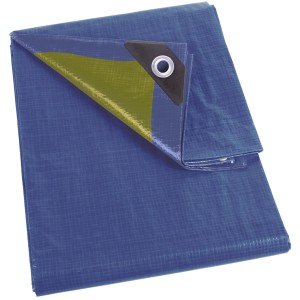 Blaue/grüne Abdeckplane 6x10m von Perel mit verstärkten Ecken und Ösen.