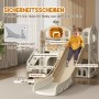 Kind auf cremefarbener AIYAPLAY Kunststoff-Kinderrutsche. Vielseitiges 7-in-1 Spielset mit Basketballkorb.