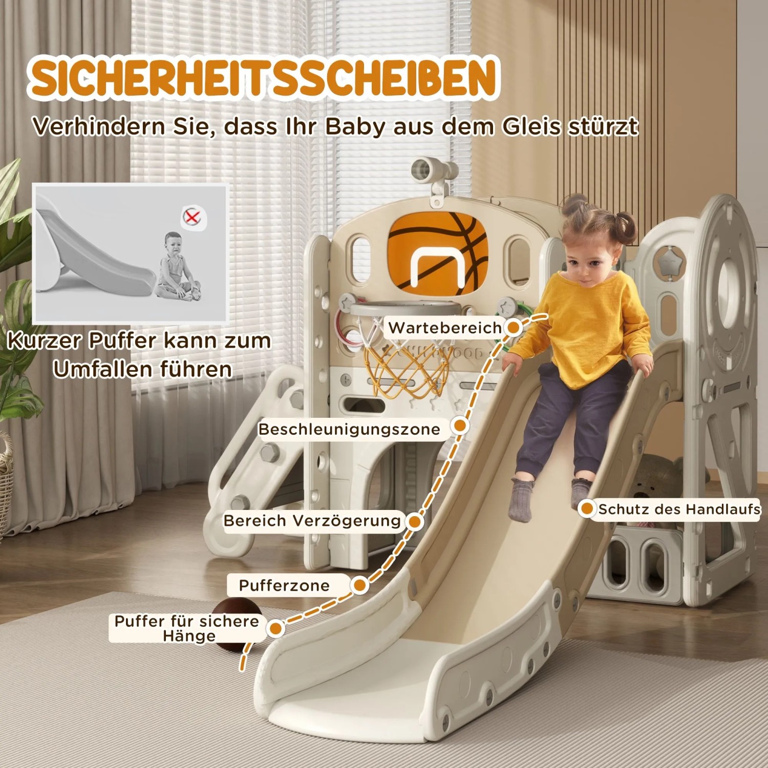 Kind auf cremefarbener AIYAPLAY Kunststoff-Kinderrutsche. Vielseitiges 7-in-1 Spielset mit Basketballkorb.