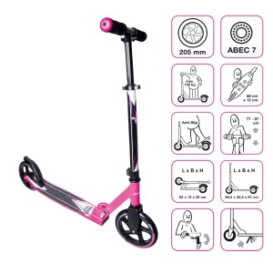 Muuwmi Tretroller, pink, mit 205 mm Rollen und ABEC 7 Kugellager, höhenverstellbar für Kinder und Erwachsene.