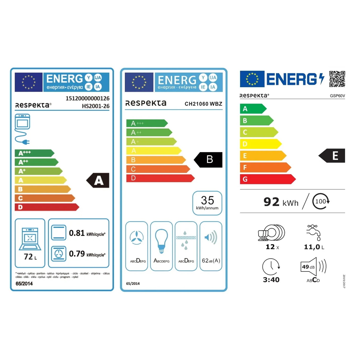 Energieeffizienzlabel für Respekta Küchengeräte: Backofen A, Dunstabzugshaube B, Geschirrspüler E.