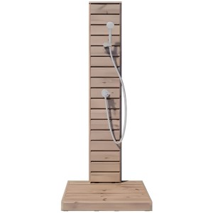 FinnTherm Gartendusche XS aus Thermoholz mit Duschkopf und Handbrause.