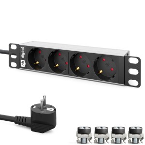 hb-digital 10 Zoll 4-fach Steckdosenleiste für Serverschrank (1HE) mit Schuko-Stecker.