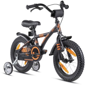 Schwarzes PROMETHEUS Kinderfahrrad 14 Zoll mit Stützrädern und Rücktrittbremse.