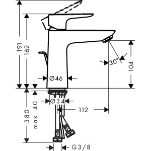 Technische Zeichnung: Hansgrohe Talis E 110 Waschtischarmatur mit Maßen.