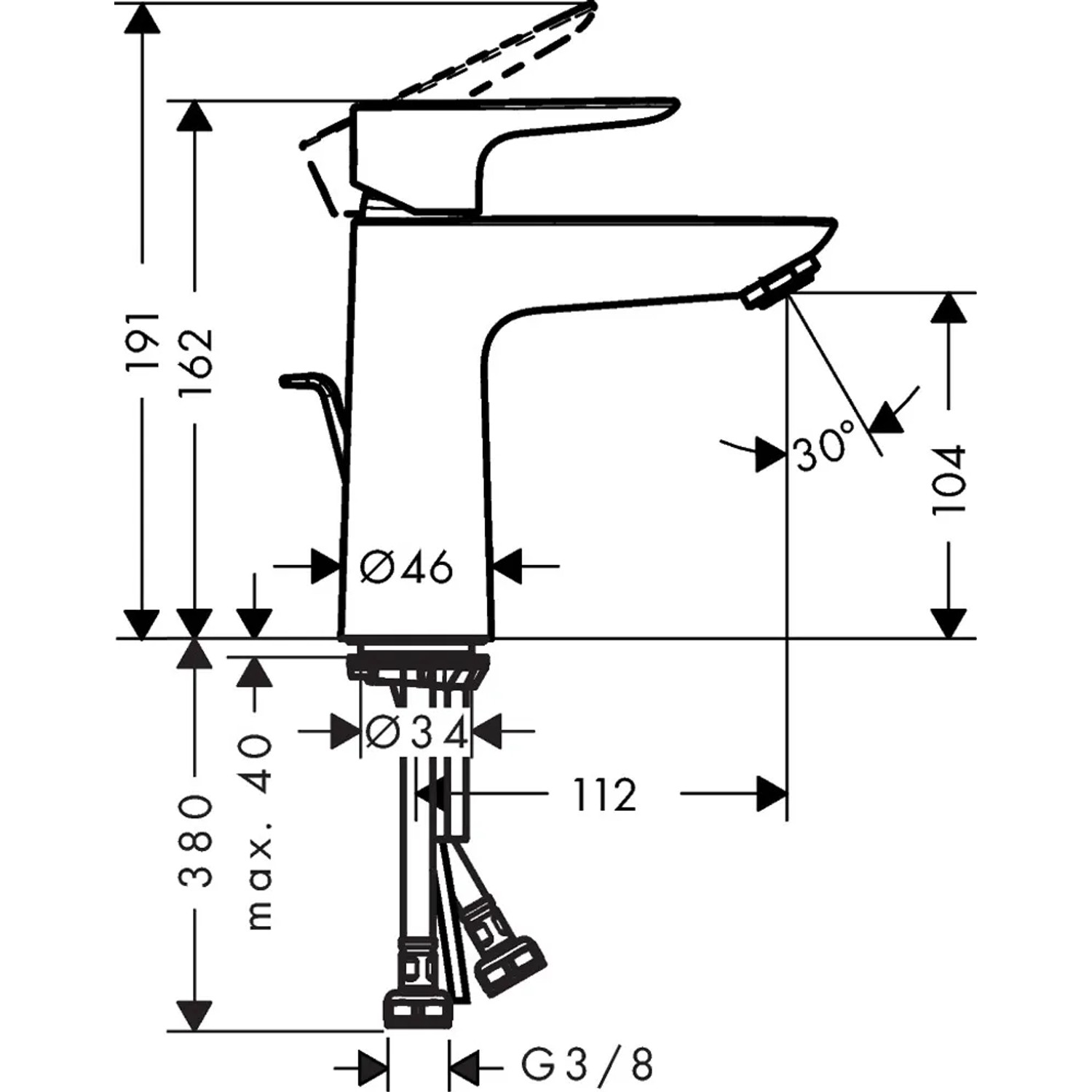 Technische Zeichnung: Hansgrohe Talis E 110 Waschtischarmatur mit Maßen.