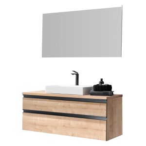 Schöner Wohnen Badmöbel-Set Stockholm, 4-teilig, 120 cm, Eiche Natur mit Spiegel und Aufsatzwaschbecken.