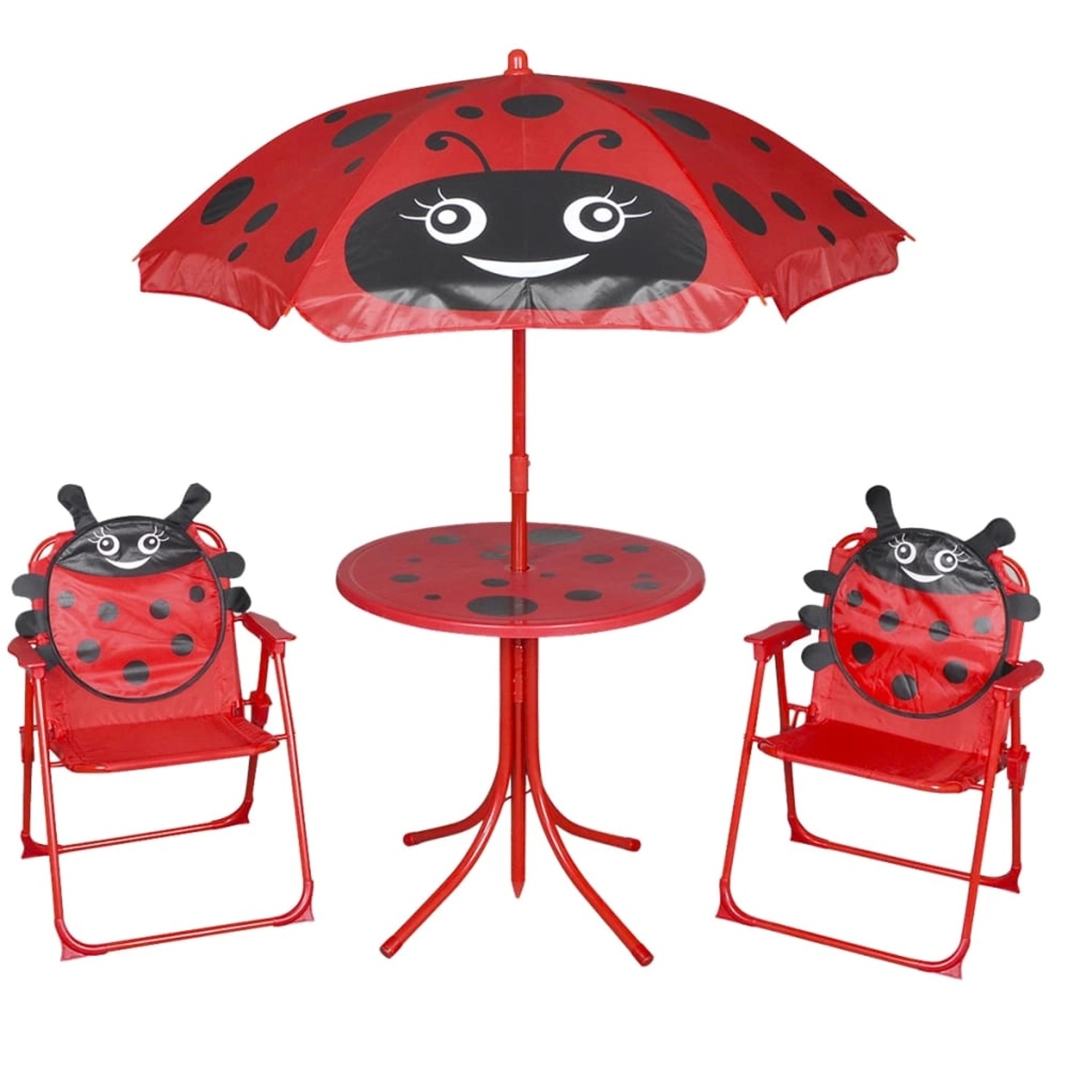 3-tlg. Garten-Bistro-Set für Kinder in Rot mit Marienkäfer-Motiv: Tisch, Sonnenschirm und zwei Stühle.