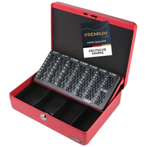 Offene rote HMF Geldkassette mit Münzzählbrett und Scheinfächern. Ideal zur sicheren Aufbewahrung von Bargeld.