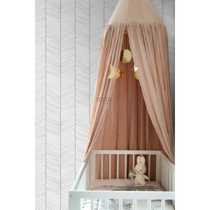 ESTAhome Tapete Fischgrätmuster in Schwarz-Weiß hinter Kinderbett mit Himmel.