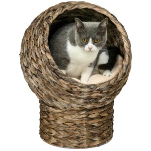 Katze in PawHut Katzenkorb aus Naturmaterial mit Kissen. Gemütlicher Rückzugsort für Katzen.
