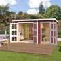 Lasita Holz-Gartenhaus Zambezi XL in Schwedenrot mit geöffneten Doppeltüren und Spielzeug im Inneren.