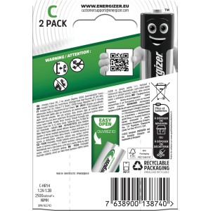Energizer Power Plus C Akkus, 2er-Packung, 2500 mAh, wiederaufladbar für Standardgeräte.