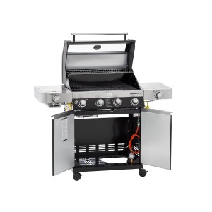 Rösle Gasgrill Videro G4-S Vario+ mit 4 Brennern und Seitenbrenner, Grillwagen mit geöffneten Türen.