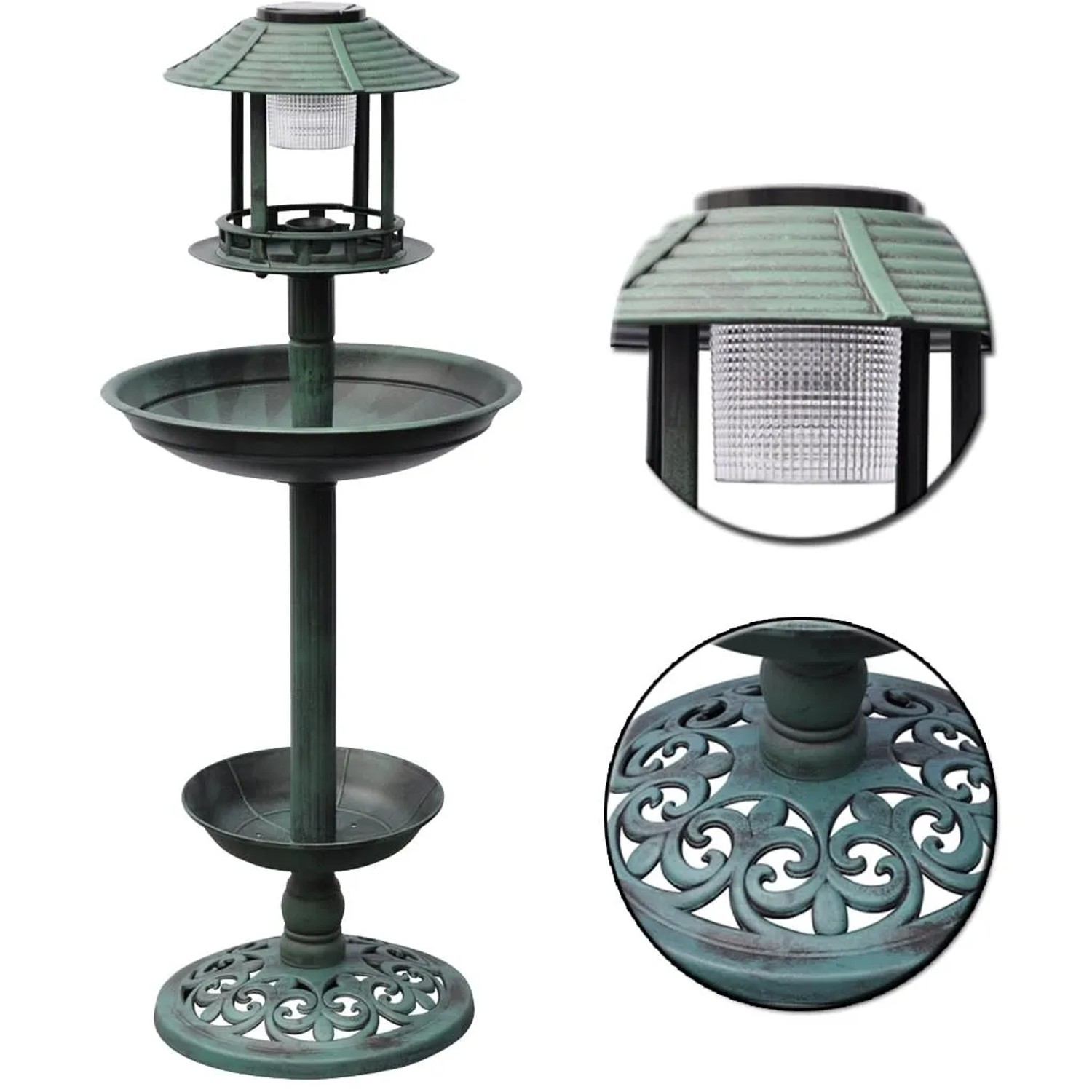 Grüne VidaXL Vogelbad/Futterstation mit Solarlicht für den Garten.