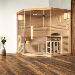 Traditionelle Sauna SKYLINE BIG aus Tannenholz mit Glasfront und Innenausstattung.