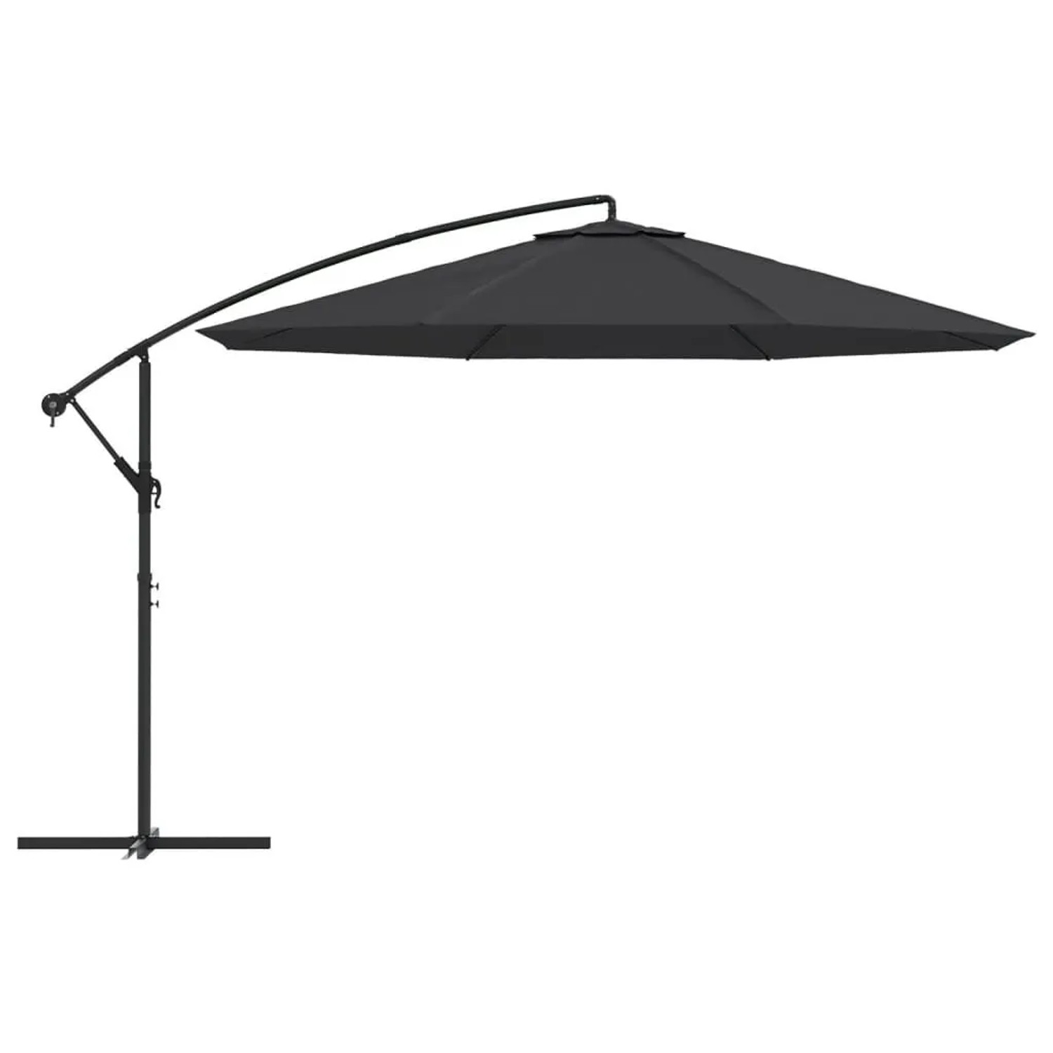 Schwarzer Ampelschirm, 350 cm Durchmesser, mit Metallmast und Kreuzfuß.