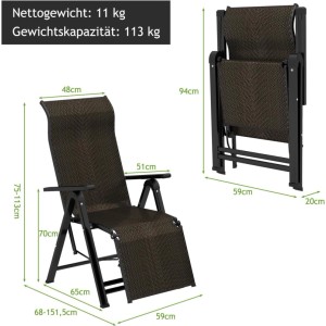Braune klappbare Sonnenliege aus PE-Rattan mit verstellbarer Rückenlehne und robustem Stahlrahmen. Perfekt für Garten & Balkon.