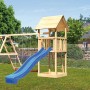 Karibu Spielturm Lotti mit blauer Rutsche, Schaukel und Klettergerüst im Garten.