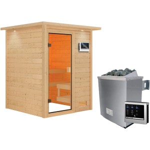 Woodfeeling Sauna Sandra mit Ofen, externer Steuerung und LED-Dachkranz.