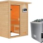Woodfeeling Sauna Sandra mit Ofen, externer Steuerung und LED-Dachkranz.