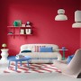 Modernes Wohnzimmer mit Wänden in kräftigem Alpina Pantone Poinsettia Rot. Bunte Wandfarbe für stilvolle Raumgestaltung.