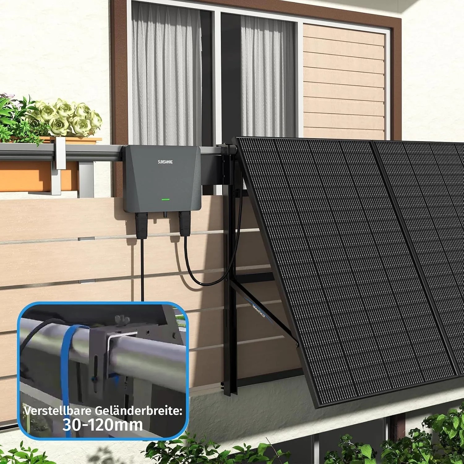 SUNSHARE Balkonkraftwerk 200W mit Geländerhalterung, Full Black Solarmodul.
