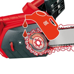 Einhell GE-EC 2240 Elektro-Kettensäge: Detailaufnahme der Kettenschmierung mit Ölkanister-Symbol.