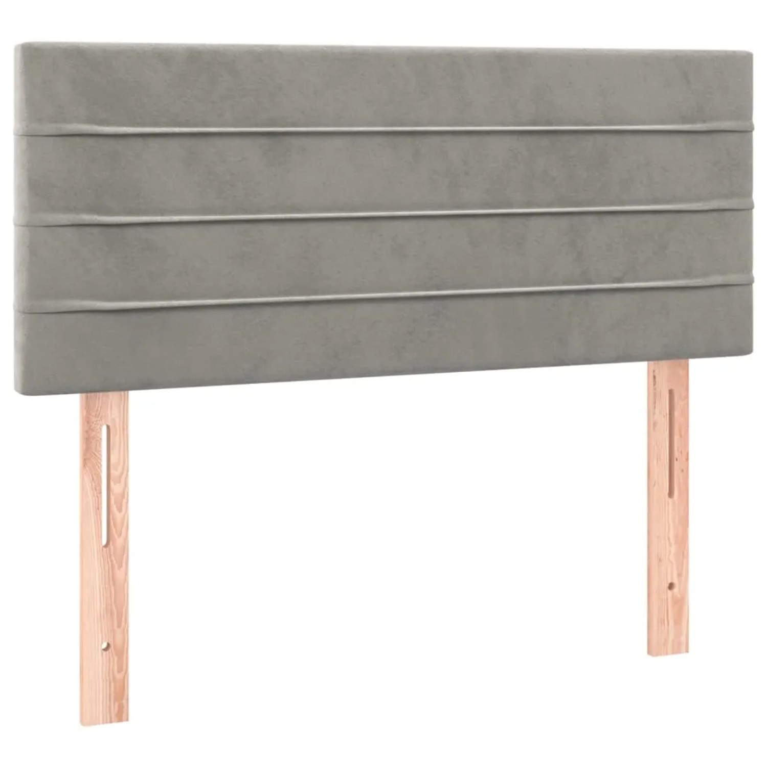 Hellgraues Boxspringbett Kopfteil aus Samt mit Holzfüßen.