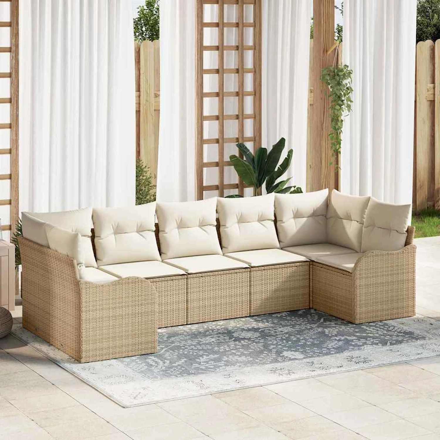 Beiges 7-teiliges Garten-Sofa-Set aus Poly Rattan mit Kissen von vidaXL für Terrasse und Garten.
