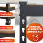 Detailansicht: Schwarzes KARAT Schwerlastregal Rhino mit Stecksystem, Füßen und MDF-Platten.