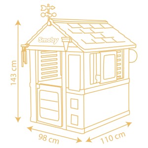Skizze Smoby Spielhaus 4-Seasons mit Maßen: 143x98x110 cm, inkl. Wetterfahne. Ideal für Kinder ab 2 Jahren.