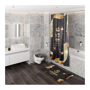 Badezimmer mit Sanilo Badewannenstöpsel VIP Lounge Design, passender Duschvorhang und Badematte.