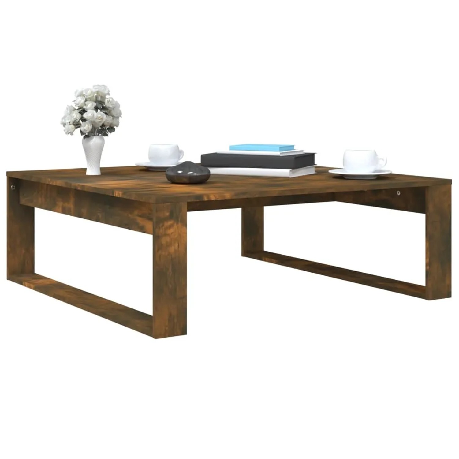 Quadratischer Couchtisch in Räuchereiche Optik (100x100 cm) aus Holzwerkstoff. Wohnzimmertisch mit Ablage.