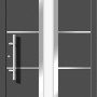 Moderne anthrazitfarbene Aluminium Haustür mit Edelstahl-Applikationen und Griff links.