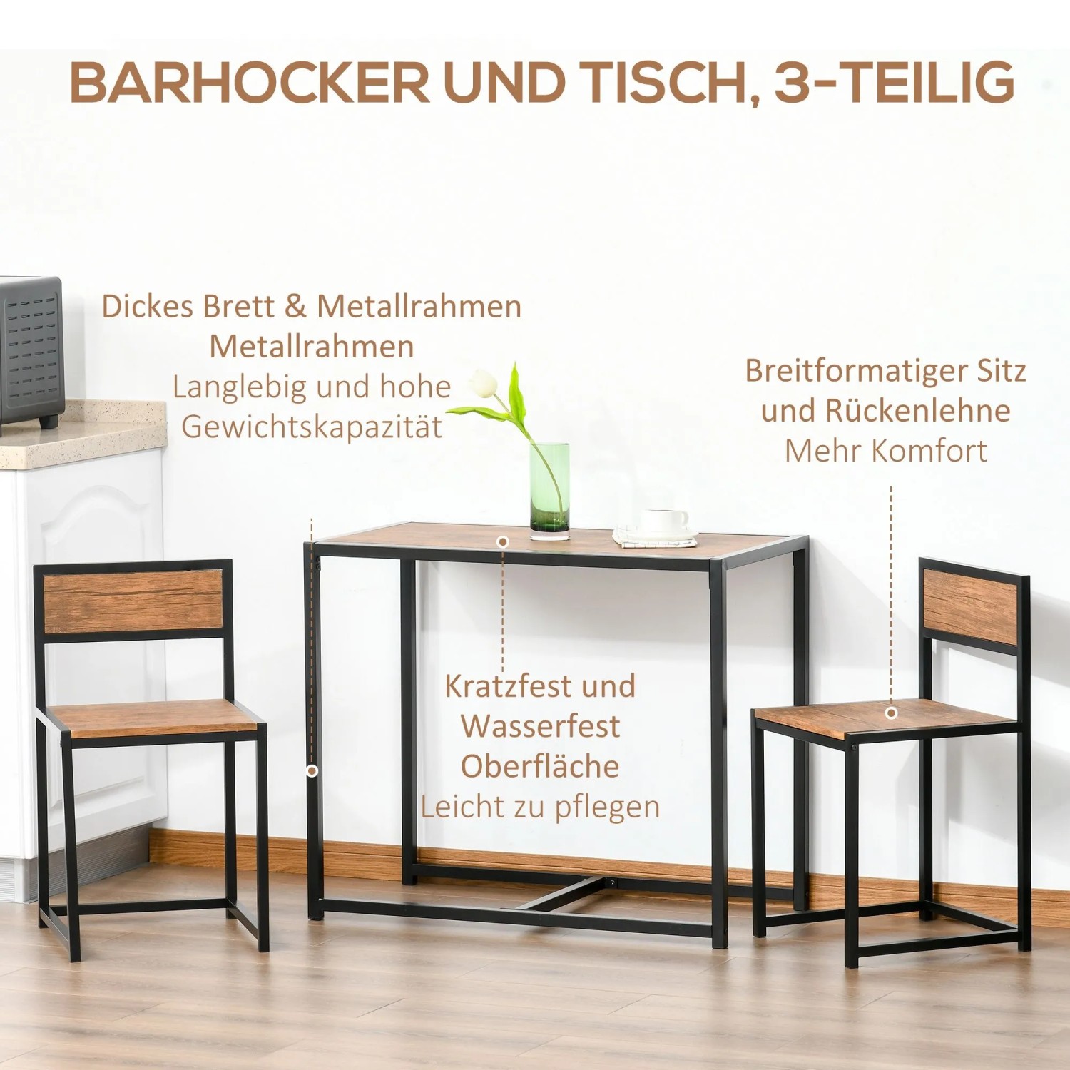 3-teilige Essgruppe mit rechteckigem Tisch und zwei Stühlen. Schwarzes Metallgestell, MDF-Platten in Naturholzoptik. Kompakt für Küche.