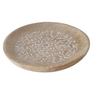 Boltze Deko-Teller Livioli, Ø 20cm, Natur, aus Mango-Holz mit weißem Blätter-Dekor.