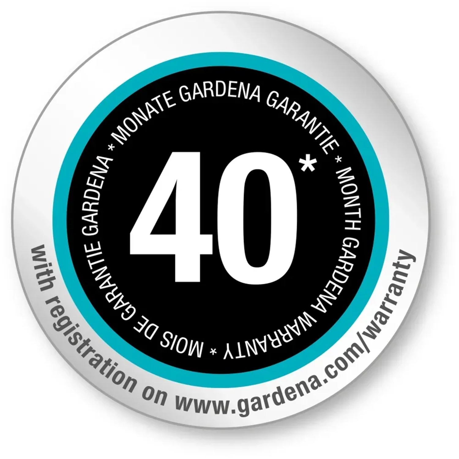 Gardena Garantie-Aufkleber: 40 Monate Garantie nach Registrierung.