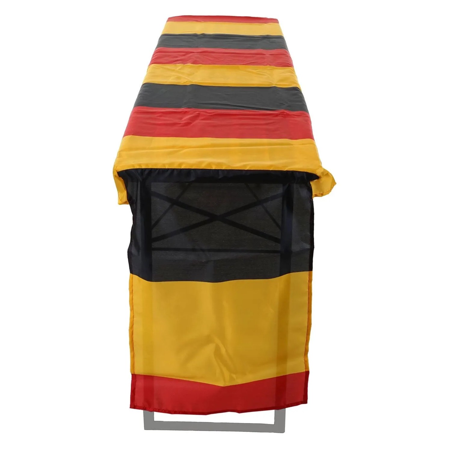 Tischdecke für Bierzeltgarnitur in Deutschlandfarben: schwarz, rot, gelb gestreift, Polyester, Gummizug.