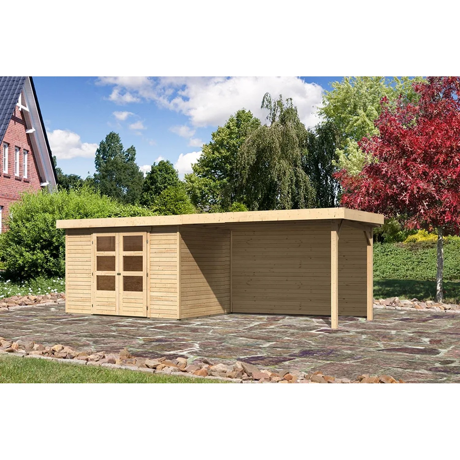 Karibu Holz-Gartenhaus Boras, unbehandelt, mit Flachdach und Anbau. Ideal als Gerätehaus oder Gartenpavillon.