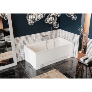 Weiße rechteckige Acryl-Badewanne KOLMAN 150x70 cm mit Ablauf und Füßen in modernem Badambiente.