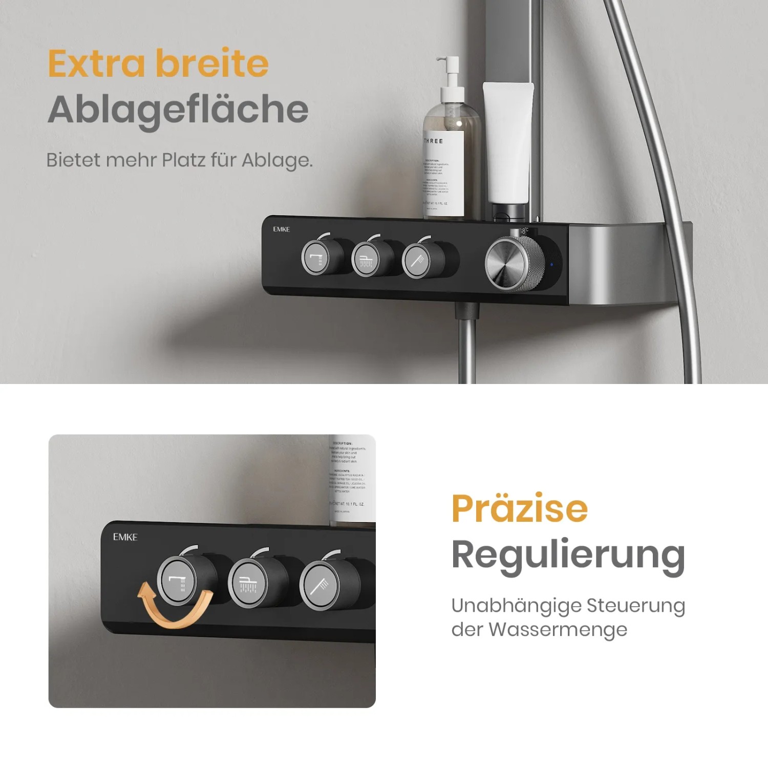 Emke Duschsystem Anthrazit mit Thermostat und Ablage für Shampoo und Duschgel.
